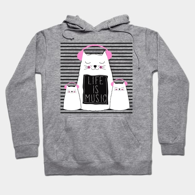 Music Is Life - Cute Cats Music Lover Quote Artwork Hoodie by Artistic muss